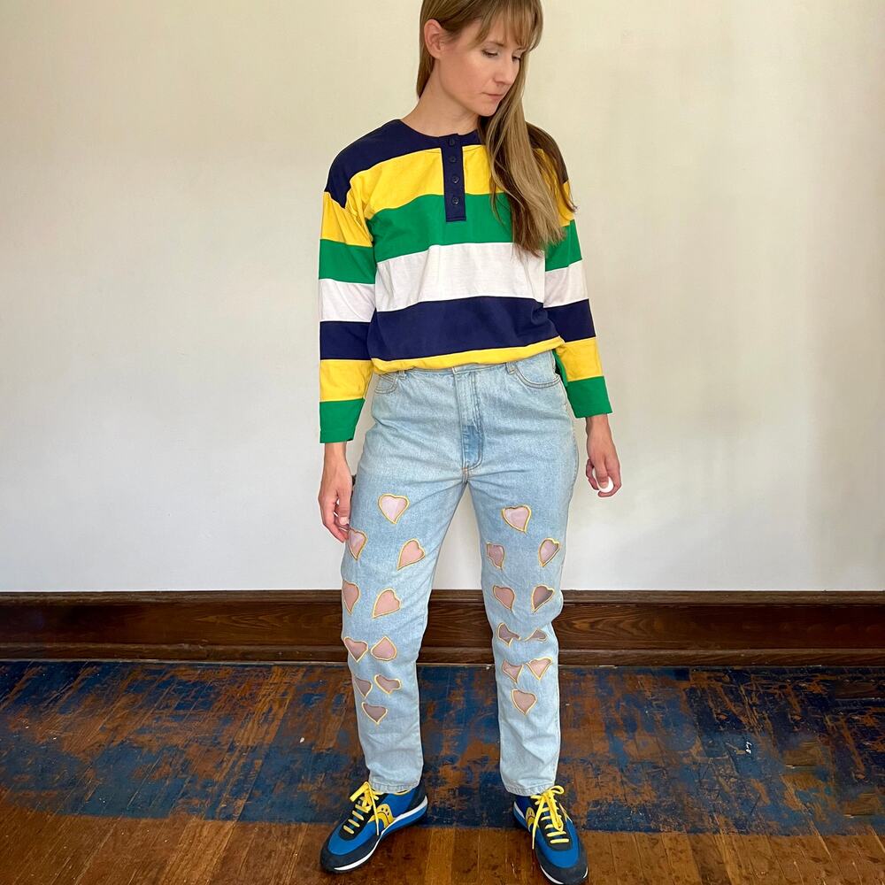 Vintage 90s Yellow Embroidered Heart Cut Out High Waisted Light Jeans 30 - 31" - Picture 9 of 12